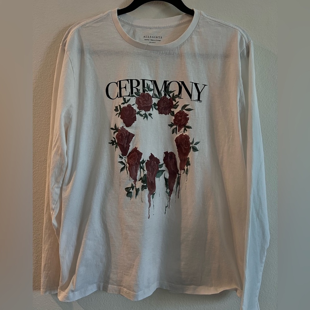 White AllSaints Long Sleeve Crew T-Shirt w/ Ceremony Melting Roses design